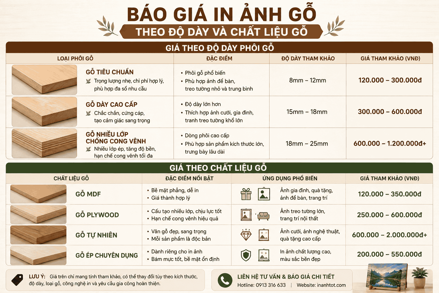 Báo giá theo độ dày và chất liệu gỗ