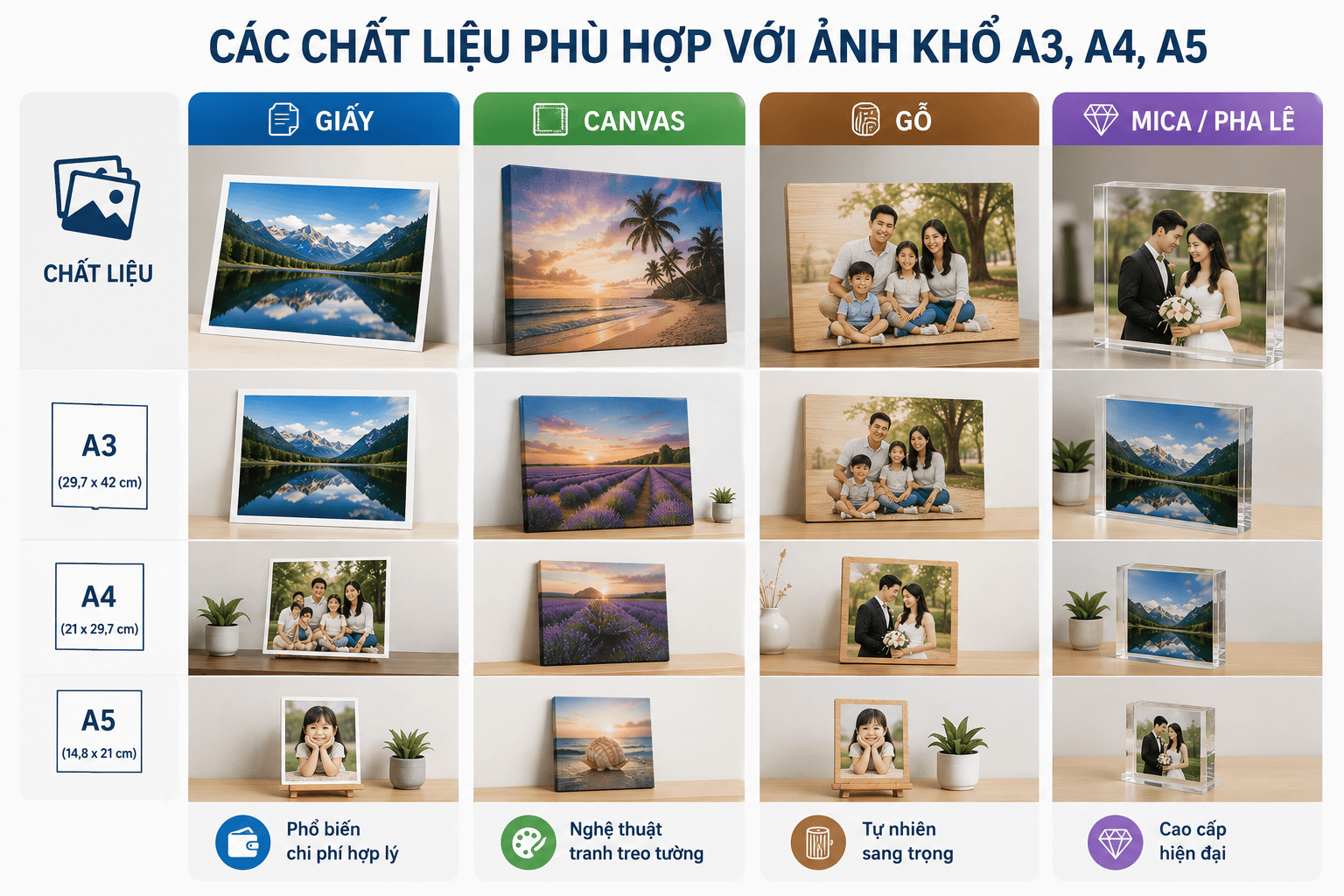 Các chất liệu phù hợp với ảnh khổ A3, A4, A5